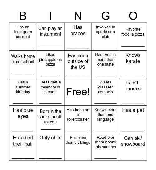 Classmate Bingo Card