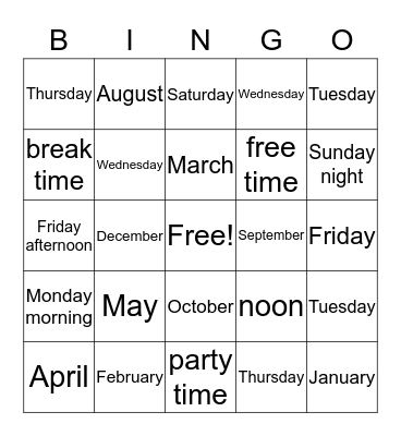 months, days and times of day BINGO Card