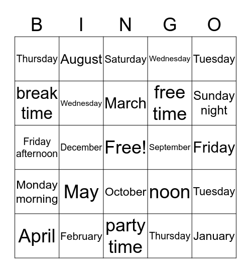 months, days and times of day BINGO Card