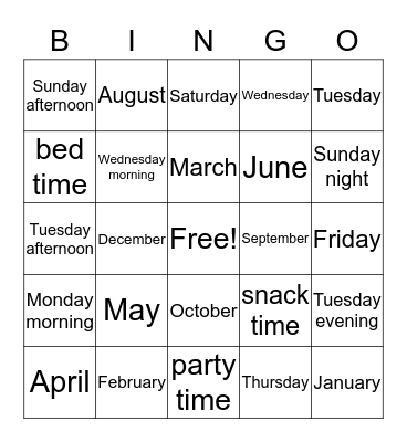 months, days and times of day BINGO Card