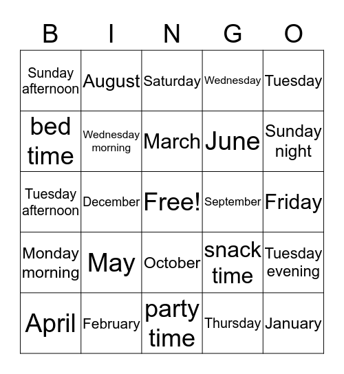months, days and times of day BINGO Card