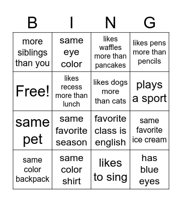 Classmate Scavenger Hunt Bingo Card