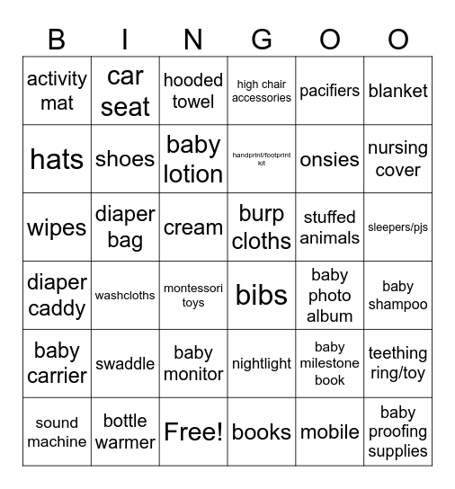 Baby Gift Bingo Card