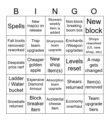 Bedwars Season 2 Bingo Card