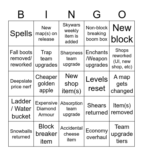 Bedwars Season 2 Bingo Card
