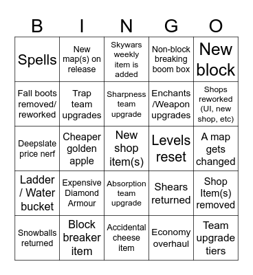 Bedwars Season 2 Bingo Card