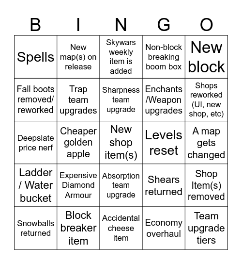 Bedwars Season 2 Bingo Card