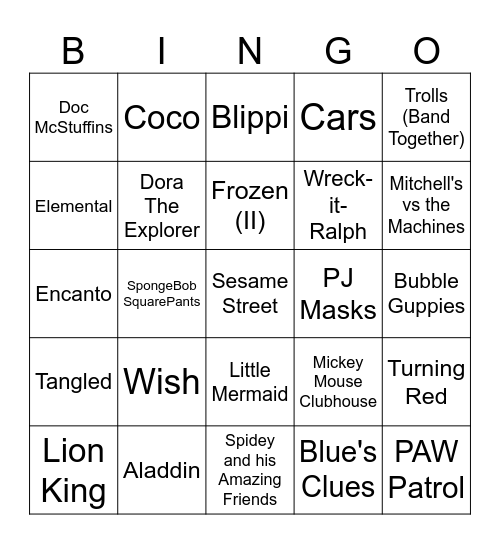 Cartoon/Movie Songs Bingo Card
