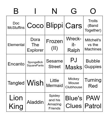 Cartoon/Movie Songs Bingo Card