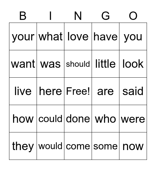 Sight Word Bingo Card