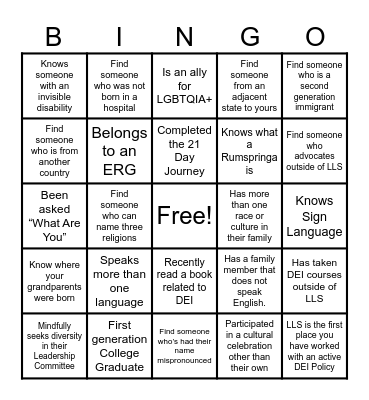 Staff Conference DEI Bingo Instructions: Take photo of your completed Bingo card and upload by 12pm on Thursday. Bingo Card