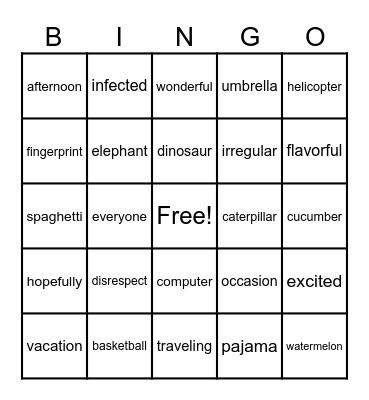 3+ Syllables Bingo Card