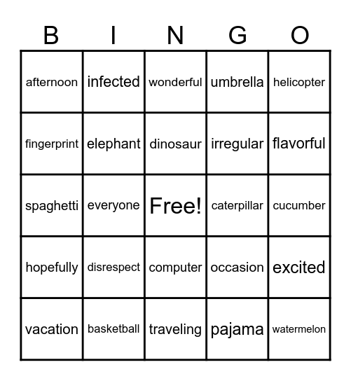 3+ Syllables Bingo Card