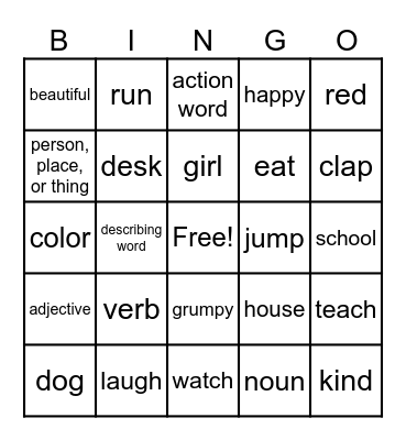 Nouns, Verbs, & Adjectives Bingo Card