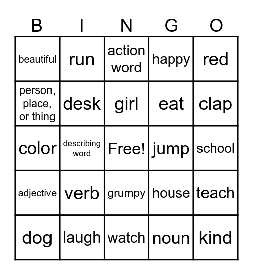 Nouns, Verbs, & Adjectives Bingo Card
