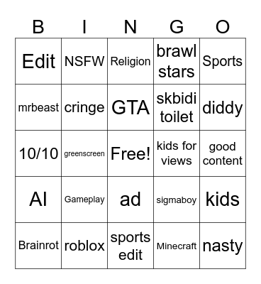 Youtube Short Bingo Card