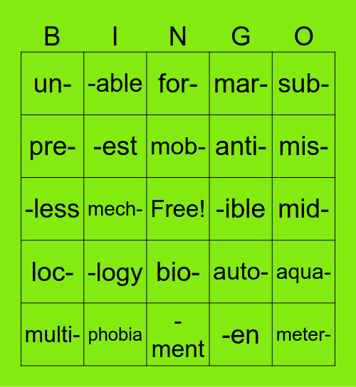 Roots Prefixes & Suffixes Bingo Card