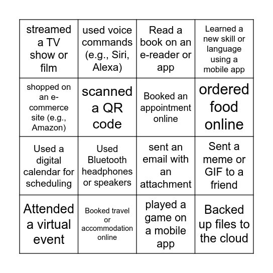 Technology Use Bingo Card