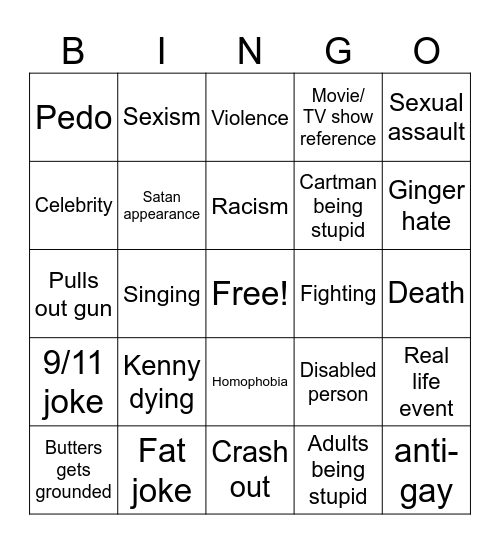 South Park Bingo Card
