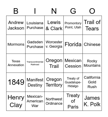 Westward Expansion Bingo Card