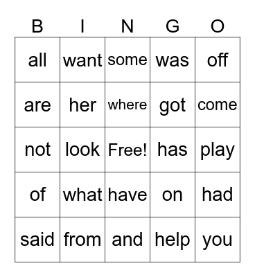 Sight Words Bingo Card