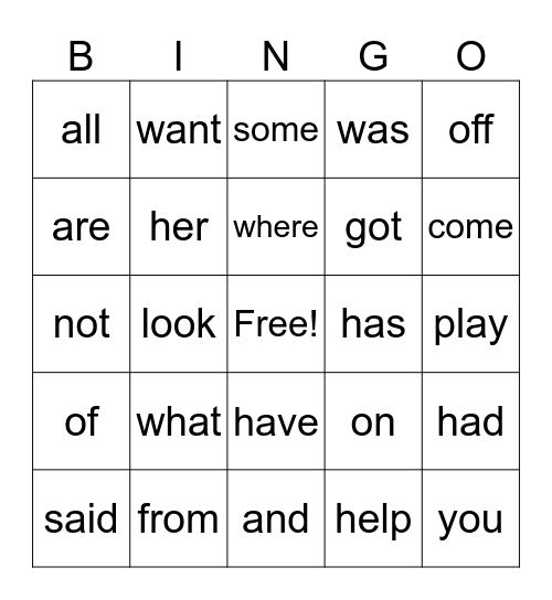Sight Words Bingo Card