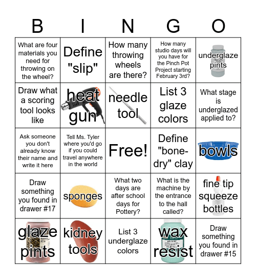 Pottery Room Scavenger Hunt Bingo Card