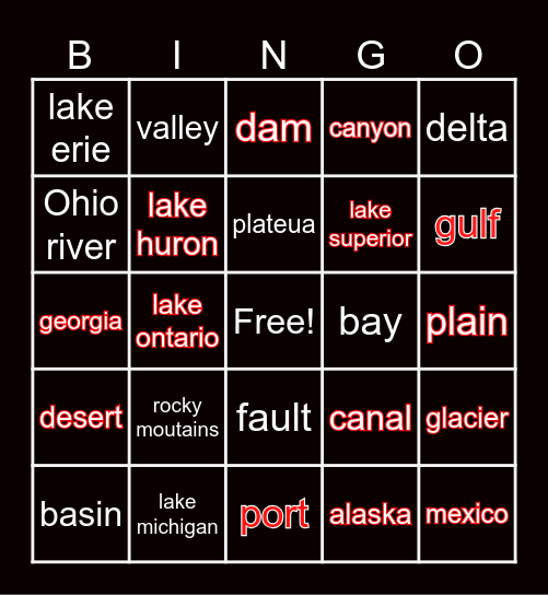 Landform Bingo Card