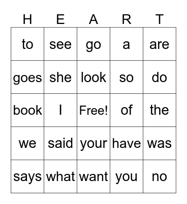 Heart Word BINGO Card