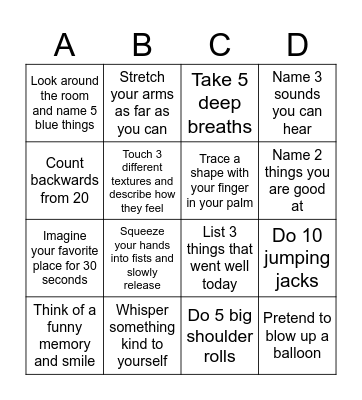 Coping Skills Bingo Card