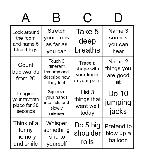 Coping Skills Bingo Card