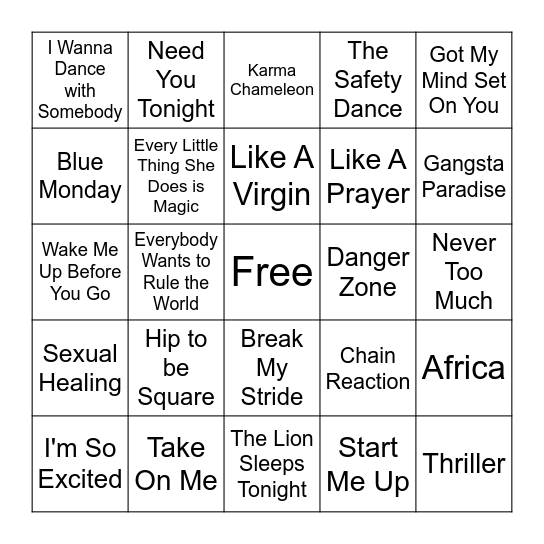 80s and 90s Bingo Card