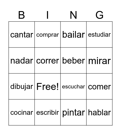 Verbos -AR -ER -IR Bingo Card