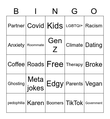 Stand up comedy Bingo Card