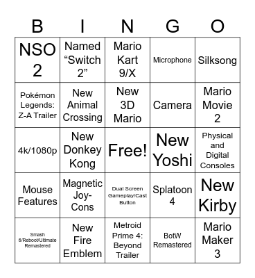 Nintendo Switch Successor Bingo Card
