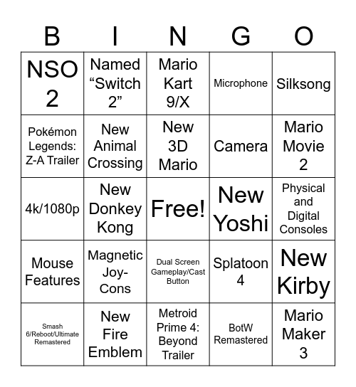 Nintendo Switch Successor Bingo Card