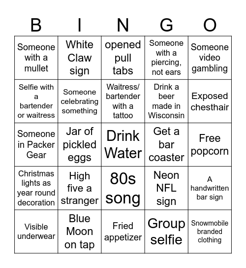 Northwoods Bar Crawl Bingo Card