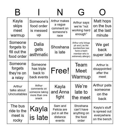 Meet Day Bingo Card