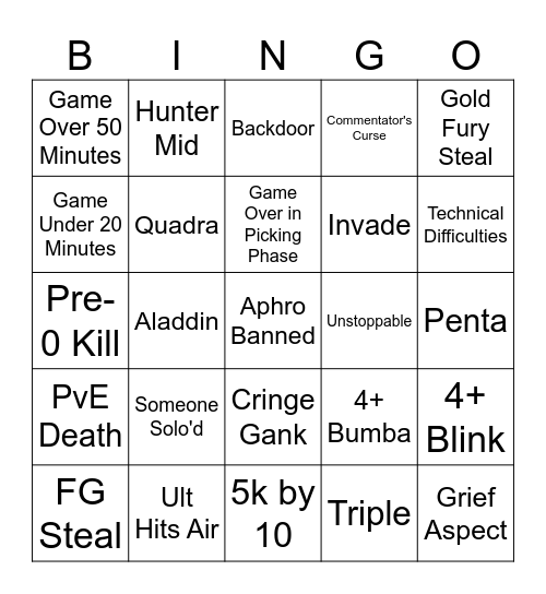 SMITE TOURNEY BINGO Card