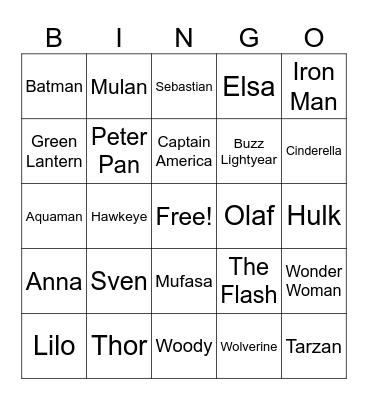 Disney/Superhero Bingo Card