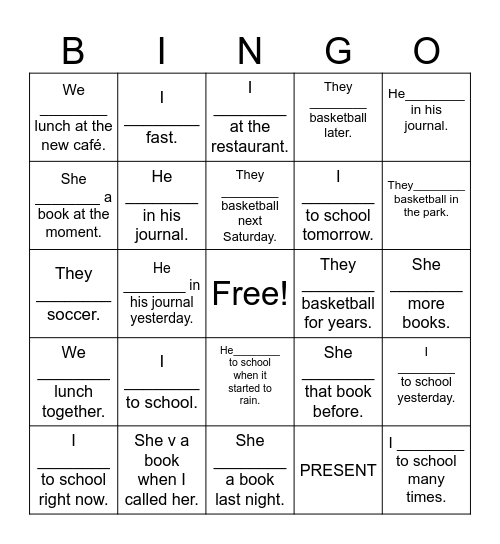 VERB TENSE Bingo Card