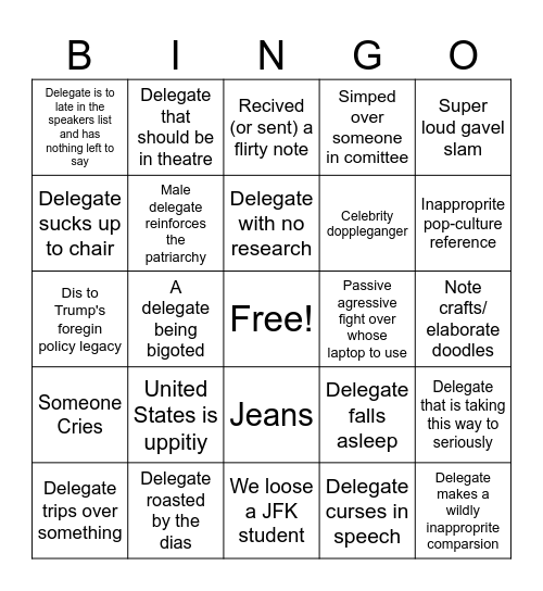 JFK Model UN Bingo Card