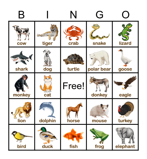 Animal Bingo Card