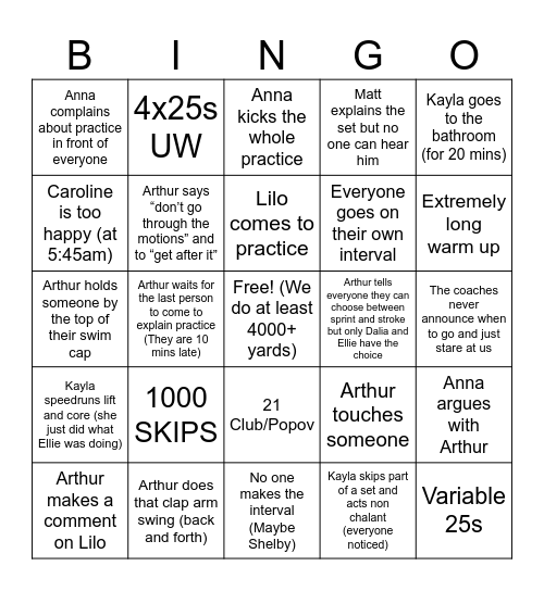 Swim Practice Bingo Card