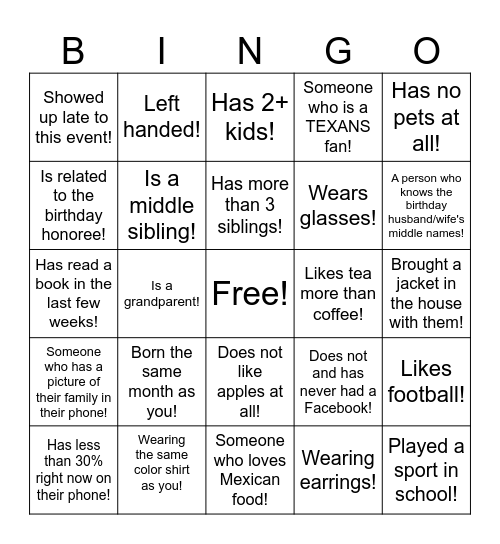 Birthday Bingo Card
