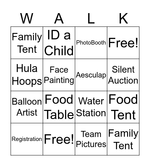 Hydrocephalus WALK Bingo Card