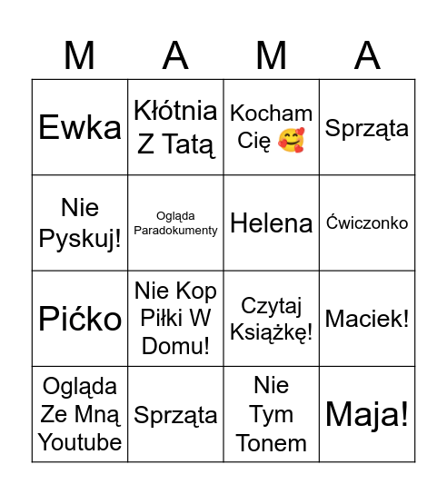 Bingo Mojej Mamy Bingo Card