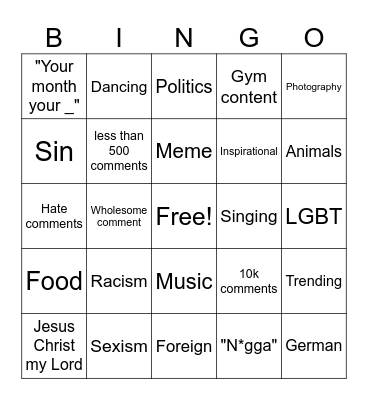 Instagram reel Bingo Card