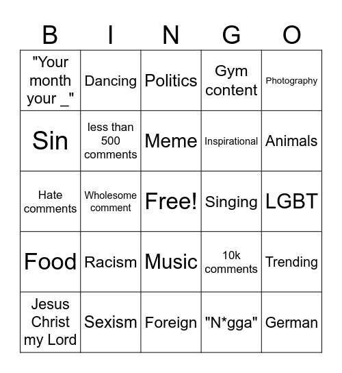 Instagram reel Bingo Card