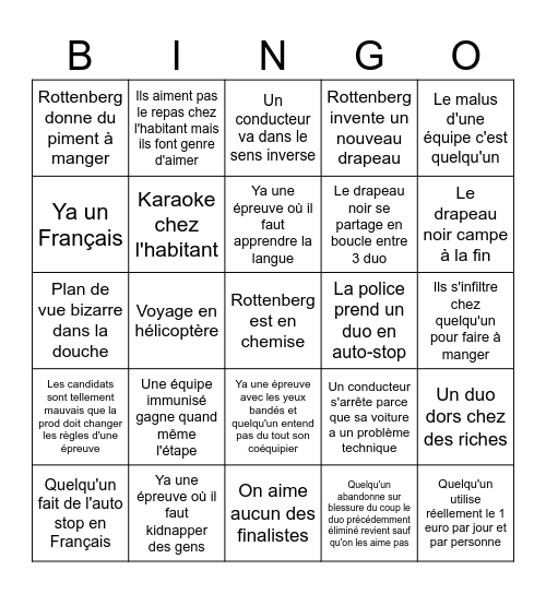 Pekin Express Bingo Card